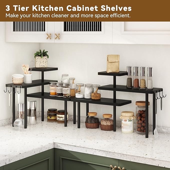 IBUYKE Countertop Organizer,3-Tier Spice Racks,Kitchen Counter Corner Shelf,4 Side Hooks,Adjustable Countertop Shelf for Kitchen, Bathroom, Coffee Bar, Cabinet, Desk,Black,TLJ023B