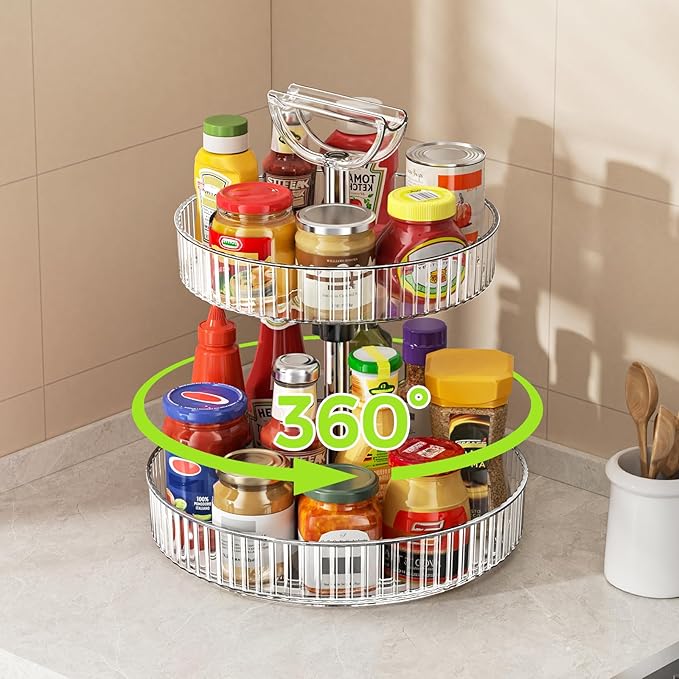 Lazy Susan Organizer – 2 Tier Rotating Spice Rack Turntable, 11.4" Plastic Spinning Organizer for Kitchen Cabinet Pantry Countertop Cupboard Bathroom Storage, Clear
