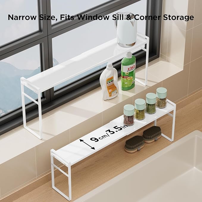 Expandable Narrow Shelf Organizer, Tall Countertop Organizer for Tight Spaces, Windowsill Plant Stand, Over-Sink/Faucet Shelf, Kitchen Counter Storage, Bathroom Vanity, Laundry Room (White)