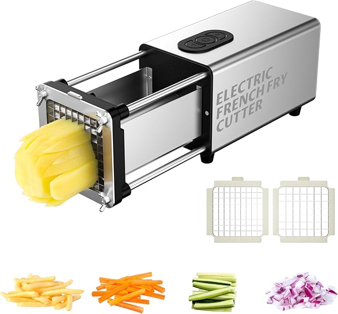 SIXRARI Electric French Fry Cutter, 1/2 & 3/8 Inch Interchangeable Stainless Steel Blades Automatic Potato Cutter, Commercial & Household Potato Slicer, Use for Potatoes Onion Cucumbers
