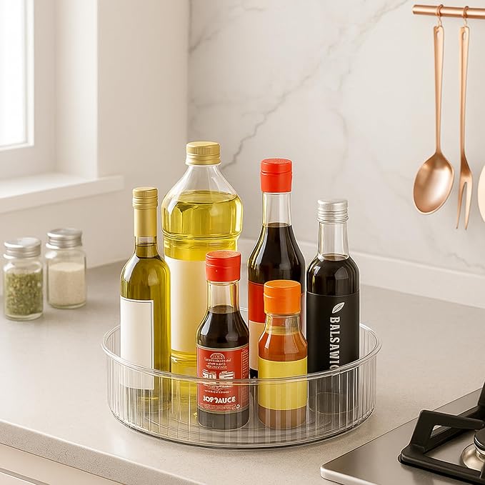 Oggi 12" Divided Fluted Lazy Susan Turntable Organizer – Clear Rotating Cabinet Organizer with Removable Divider for Kitchen, Pantry, Fridge, Bathroom, Spices, Makeup, Perfume & More