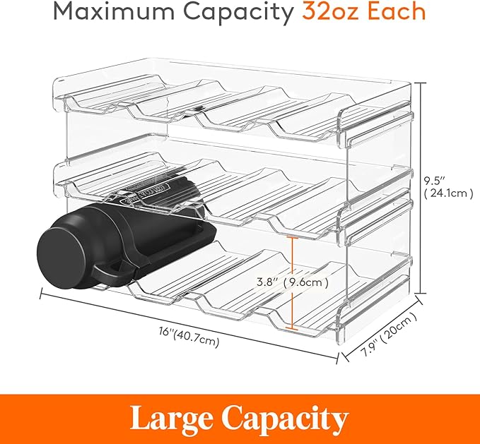 Lifewit Stackable Water Bottle Organizer for Cabinet, Plastic Bottle Holder Fits Bottles/Tumblers up to 3.8" Diameter for Pantry/Countertop, 3 Tier Holds14 Bottles 41 x 20 x 24 cm/16 x 8 x 9.5