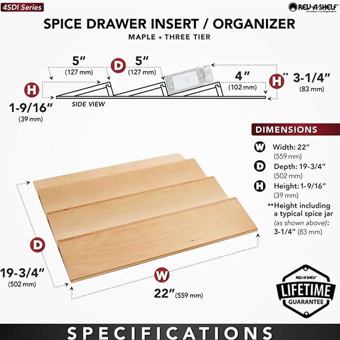 Rev-A-Shelf 22" 3 Tiered Seasoning Organizer, Trim-to-Custom-Fit Wooden Kitchen Draw and Cabinet Home Storage Insert, Pull Out Spice Rack, Maple, 4SDI-24