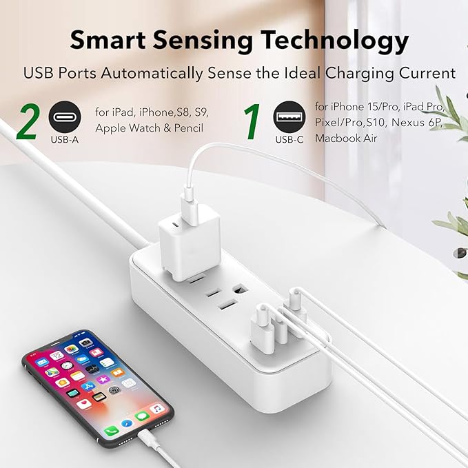 Clear Power 2-Outlet Power Strip with 3 USB Ports(1 USB-C), Flat Plug, 6 ft Power Cord, Desktop Charging Station with USB C, White, DC3S-1102-DC