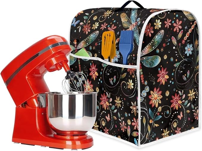 Dragonfly Mixer Cover | Easy-to-Clean Dust Protector with Handle & Pockets | 4.5-5 Quart Kitchen Appliance Protector for Home Decor