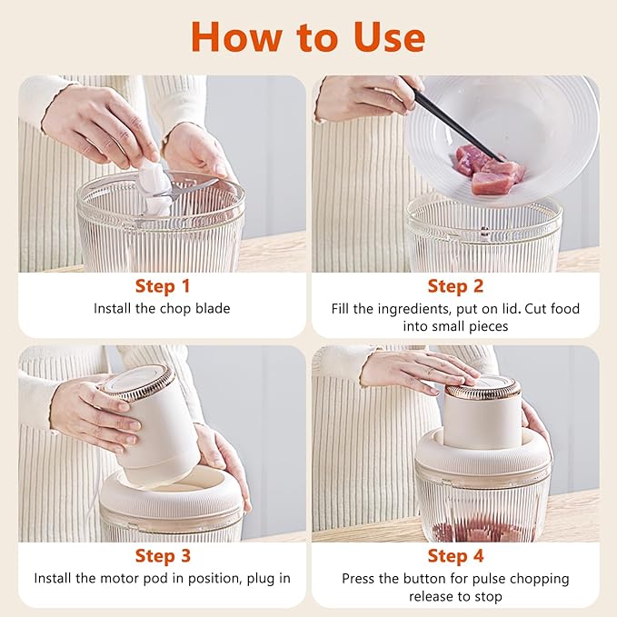 Kawu Electric Food Processor, Glass Portable Electric Garlic Chopper with 2 Bowls, 300W Vegetable Chopper Blenders with 2 Blades, Onion, Fruit, Meat Grinder Shredder for Kitchen Home