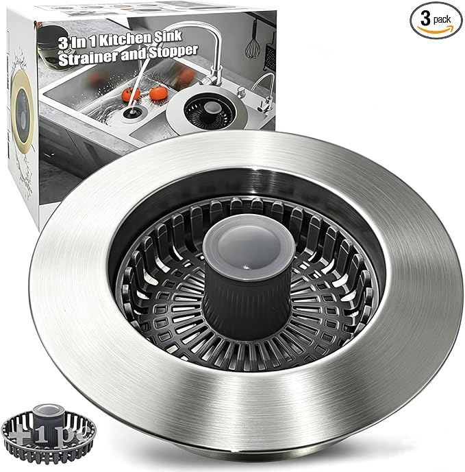 Anlige Kitchen Sink Drain Strainer, 3 in 1 Pop Up Kitchen Sink Stopper, with an Extra Basket Strainer, Universal for US Standard 3-1/2 Inch, Brushed Nickel