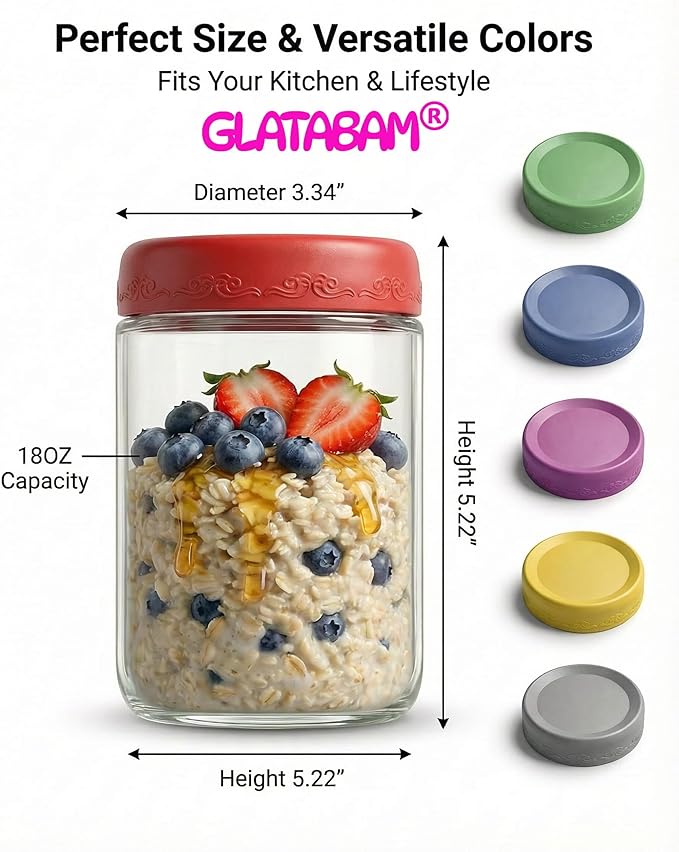 18 OZ 4Pack, Overnight Oats Jars with Lids, Glass Meal Prep Containers, Airtight Mason Jars for Breakfast, Yogurt Parfait, Salad & Smoothies, Leakproof and Reusable Food Storage Jars(4-1)