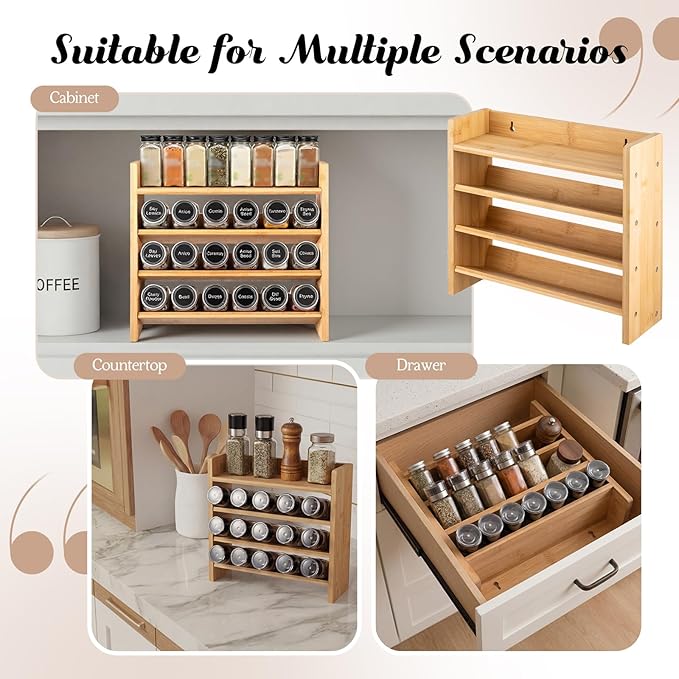 Gerrii 4 Tier Bamboo Spice Rack Organizer for Cabinet Wall Mounted, Large Capacity Spice Shelf for 28 Jars, Farmhouse Kitchen Aesthetic, Natural Bamboo Seasoning Shelf, Kitchen Countertop Space Saving