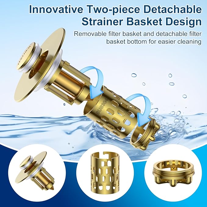 Bathroom Sink Drain Strainer,All Metal Pop-Up Sink Stopper with Removable Stainless Steel Filter Basket, Universal Bathroom Hair Catcher Fit for 1.1-2.36'' Drain (Gold, 1 Pack)