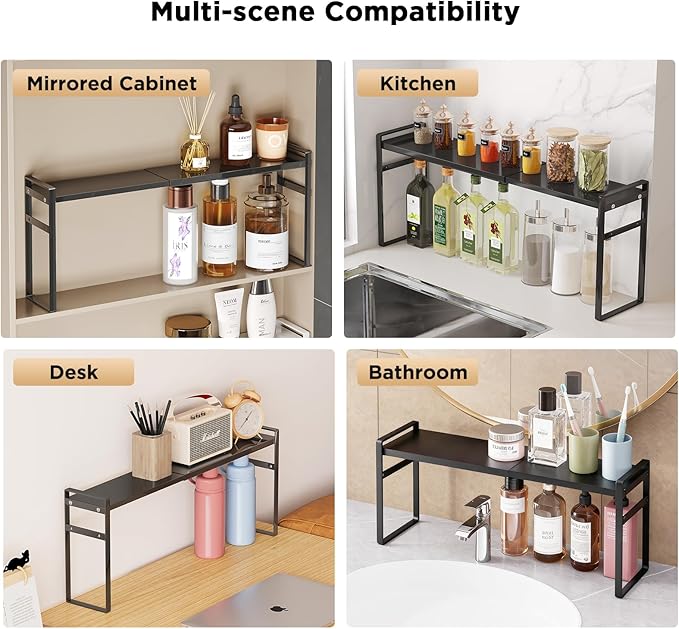 Expandable Narrow Shelf Organizer, Tall Countertop Organizer for Tight Spaces, Windowsill Plant Stand, Over-Sink/Faucet Shelf, Kitchen Counter Storage, Bathroom Vanity, Laundry Room (Black)