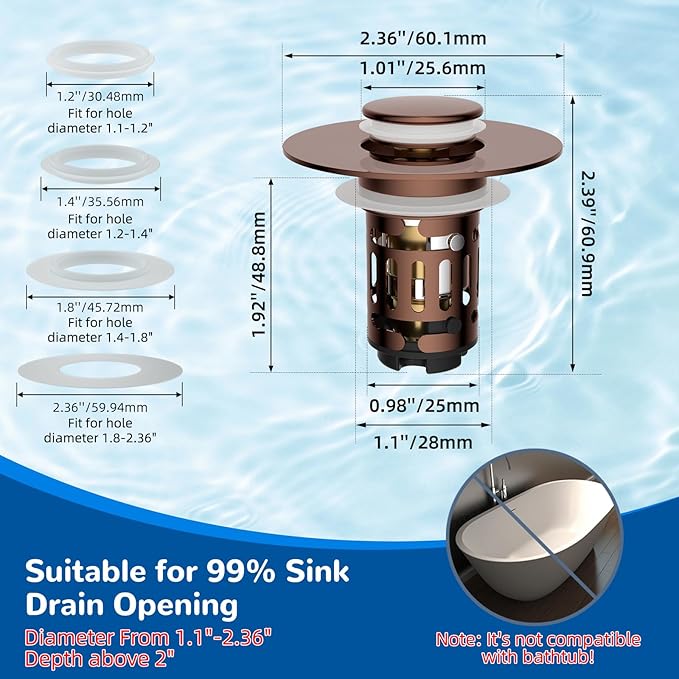 Hibbent 3 Pack 3 in 1 Bathroom Sink Drain Strainer, Universal Pop Up Stopper with Removable Stainless Steel Filter Basket Hair Catcher, Sink Plug for 1.1''~2.36'' Basin, Brass Bullet Core, Rose Gold