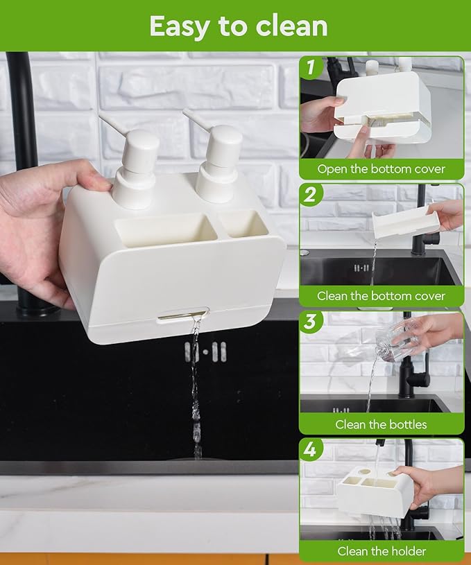Kitchen Hand Soap and Dish Soap Dispenser Set, Dual Soap Dispenser with Sponge Caddy and Brush Holder 4-in-1 Organizer for Sink Countertop, Useful Kitchen Gadgets - White