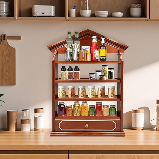 Vintage Wooden Spice Rack with Drawer and 4 Shelves, Wall Mounted Spice Village Display Shelf for Kitchen Storage, Holds 24 Jars, 22 x 17 x 4 Inches, Rack Only