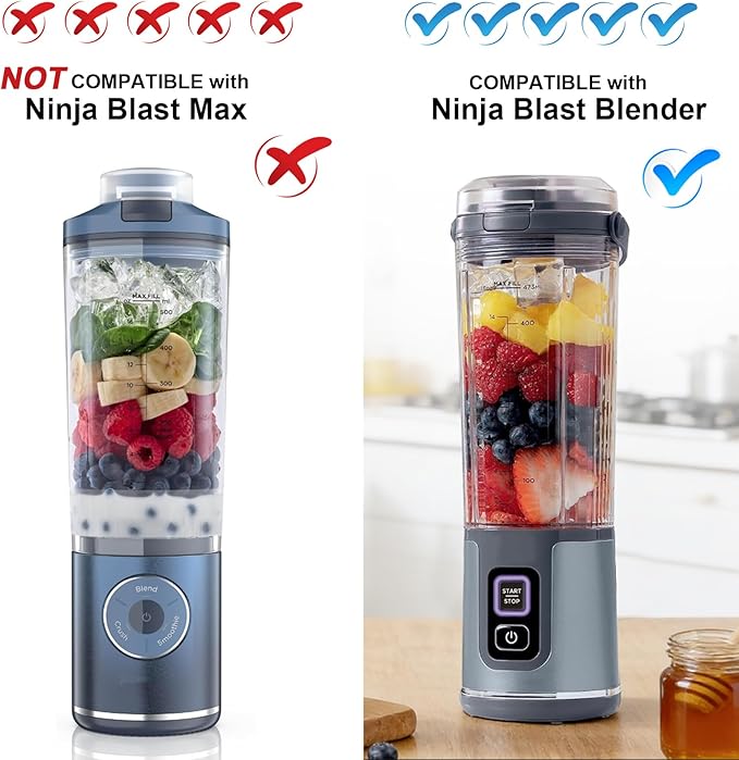 Ninja Blast Accessories 3pcs - Replacement Parts 18oz Blending Vessel Cup & Vessel Cap & Sip Lid with Carry Handle, Compatible with Ninja Blast Portable Blender BC100 Series and BC151 Series Blue