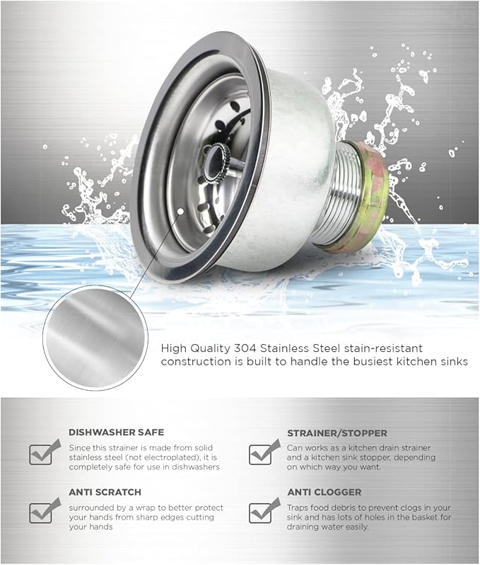Highcraft 9753 Kitchen Sink (3-1/2 Inch) Stainless Steel Drain Assembly with Strainer Basket and Rubber Stopper Long Extended Shank (3-3/4 Inch)