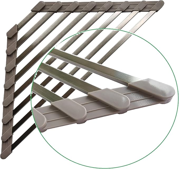 Triangle Dish Drying Rack for Sink Corner Roll Up Dish Drying Rack Folding Stainless Steel Multipurpose Over The Sink Corner Dish Drainer Mat for Kitchen (Hard and Stable Grey)