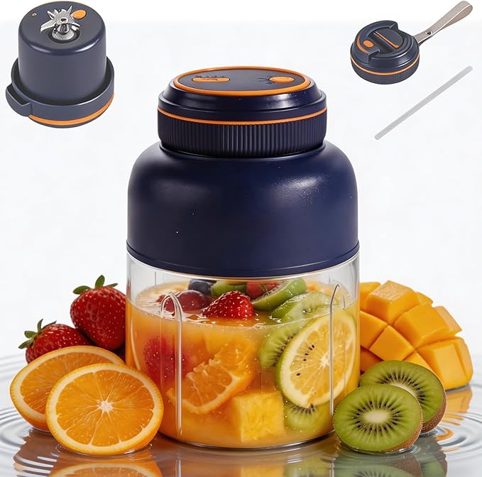 Portable Wireless Juicer Cup, 45oz Extra Large Capacity, 1300 mAh Battery Offers Extremely Long Battery Life, Dual Lid Compact Travel Drinking Cup for Office Outdoor, Picnic (PP-Dark Blue)