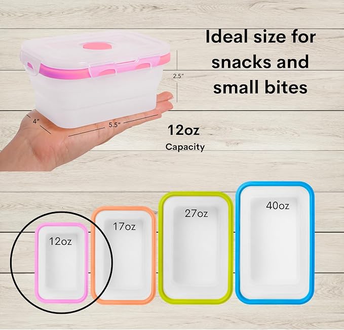 ECOBERI Collapsible Food Storage Containers, Silicone Small 8 Piece 12 oz Set, BPA-Free Food Storage with Airtight Lids, Space-Saving Lunch Containers, Freezer and Dishwasher Safe