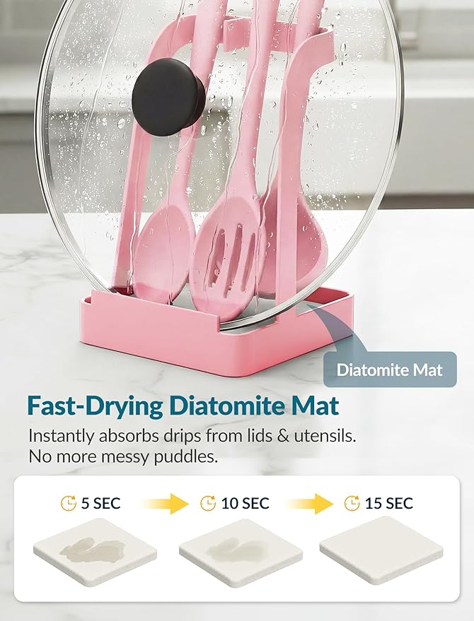 NiHome Kitchen Utensil Holder for Pot Lids & Spoons Pink Kitchen Accessories with White Diatomite Drip Tray, Non-Slip Base, Metal Cooking Spoon Rest, 3.9"x3.9"x6" Countertop Organizer (Pink)