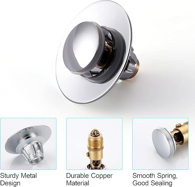 Universal Bathroom Sink Stopper - Stainless Steel Bounce Drain Filter, Pop Up Drain Stopper, Bullet Core Push Type Sink Stopper for Wash Basin, Sink Drain Plug with Anti-Clogging Strainer, Chrome