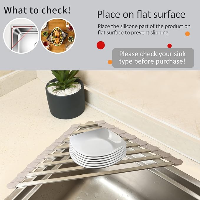 Triangle Dish Drying Rack for Sink Corner Roll Up Dish Drying Rack Folding Stainless Steel Multipurpose Over The Sink Corner Dish Drainer Mat for Kitchen (Hard and Stable Grey)