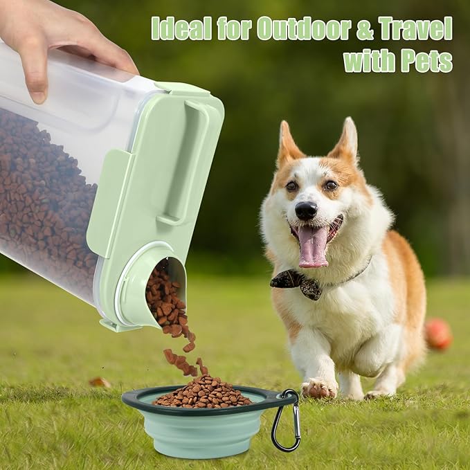 5 Lbs Dog Cat Food Storage Container with Collapsible Dog Bowls for Travel, Portable Pet Food Storage Container, Easy-Pouring Bird Seed Dispenser, Airtight Rice Cereal Oatmeal Flour Holder -Green