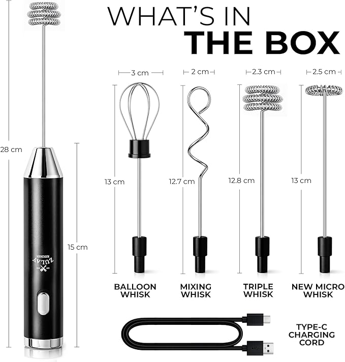 Zulay Kitchen Rechargeable Milk Frother Handheld - Frother Wand, Drink Mixer, Electric Whisk Frother, for Cappuccinos, Matcha & Protein Powder - Ultra Metal 3 Whisk, 1800mAh Black