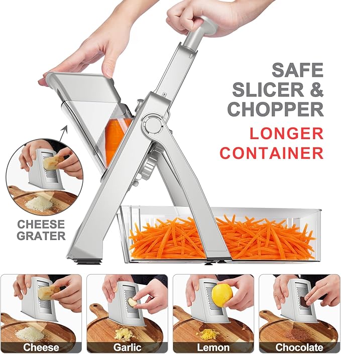 8 in 1 Mandoline Slicer for Kitchen, Vegetable Chopper, Potato Slicer, Fry Cutter Onion Chopper with Drain Basket Food Container with Lid, Stainless Steel Cheese Grater for Quick Meal Pre (Gray)