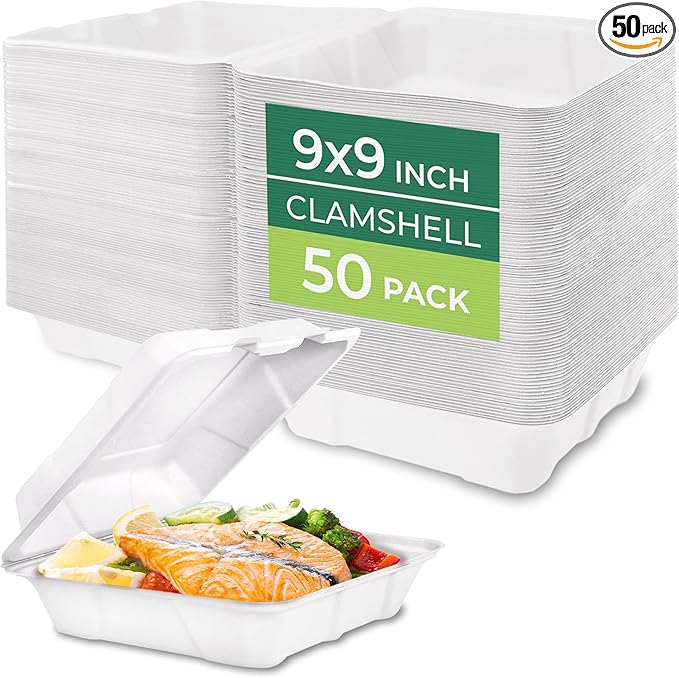 Freshware Compostable 9x9" Clamshell Take Out Food Containers [50-Pack] - Biodegradable Sugarcane To Go Boxes - Paper Food Container - Microwave & Freezer Safe, Stackable