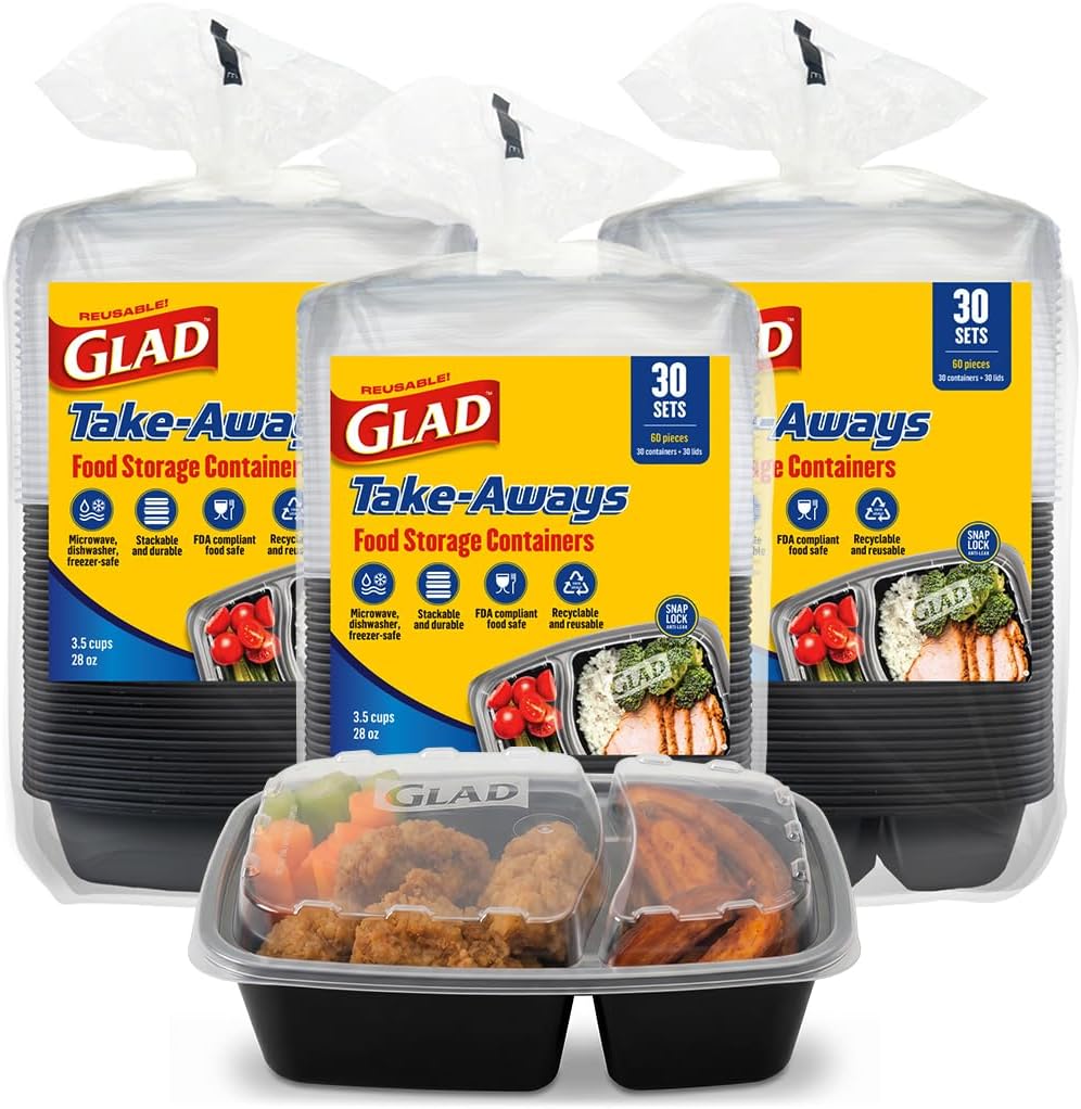 Take-Aways 28 oz 2-Compartment Food Storage Containers, 90 Pack, Snap-Seal Lids, Made in North America, Microwave, Freezer & Dishwasher Safe