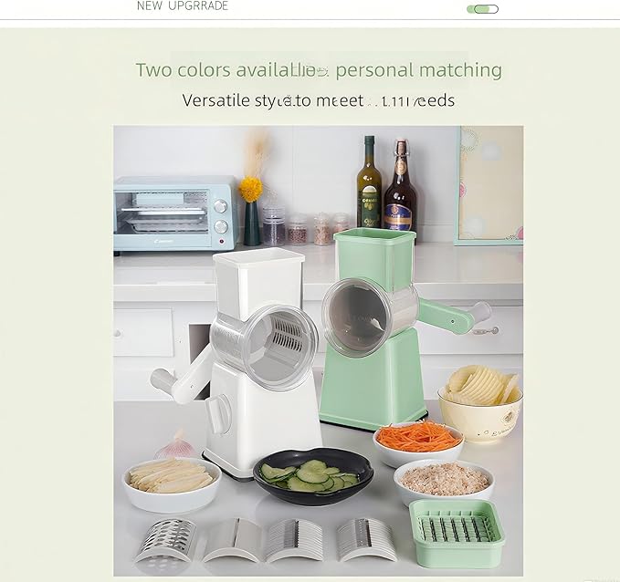 Rotary Cheese Grater and Shredder | Vegetable Chopper and Slicer | 8 Blades Manual Food Cutter | Multi-Function Grater | White