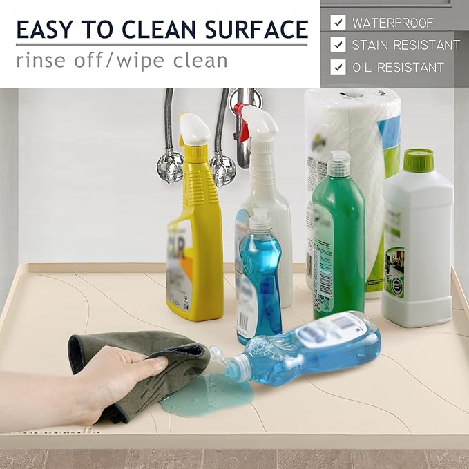 Heavy Duty Silicone Under Sink Mat for Kitchen Waterproof 34" x 22", Extra Thick Rubber Mat Drip Tray, Raised Edge Under Sink Liner, Prevent Drips, Leaks, Spills, Beige