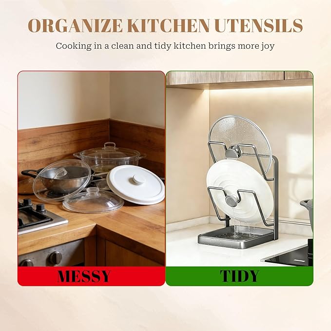 304 Stainless Steel Kitchen Pot Lid Storage Rack, Pot Lid Holder while Cooking, Pot Lid Organizer with Removable Tray & Spoon Rest,Waterproof & Rustproof(Beige+Grey, 2 Layer)