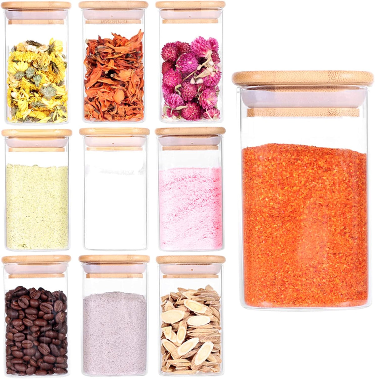 10 Pcs Glass Spice Jars - 8oz Empty Square Spice Storage Containers With Bamboo Airtight Lid and Labels - Thicken Small Glass canister for Kitchen Seasoning,Coffee Bean,Tea,Suger,Herbs