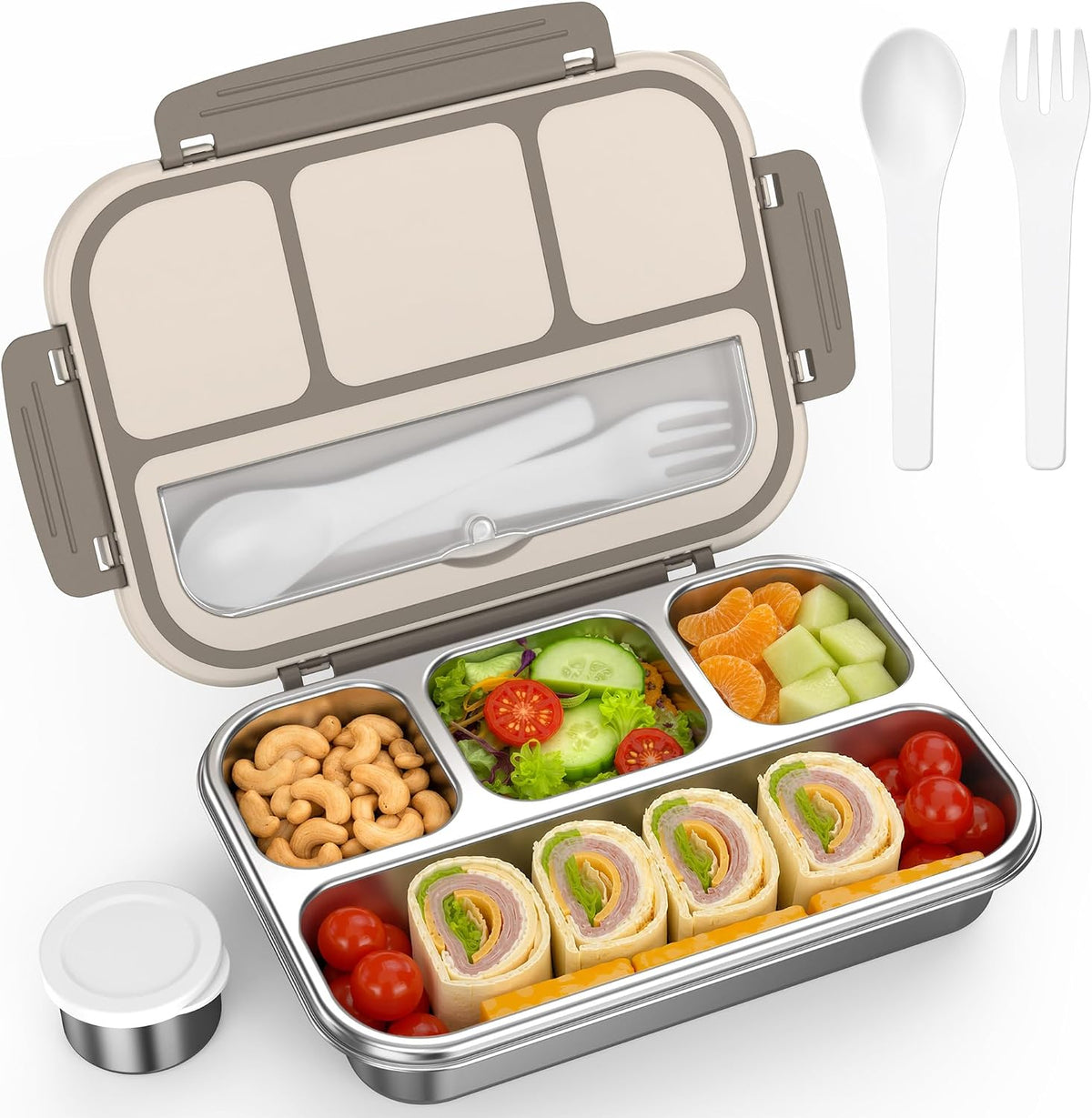 Stainless Steel Bento Box Adult, Leakproof Metal Lunch Box Containers 4 Compartments, 32 Oz Reusable Food Storage Containers for Office and Work, Brown