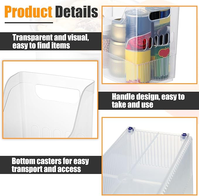 Qunclay 6 Plastic Freezer Organizer Bins with Wheel Set Clear Tall Narrow Kitchen Pantry Organizer Snack Storage Containers for Office Refrigerator(3 Sizes)