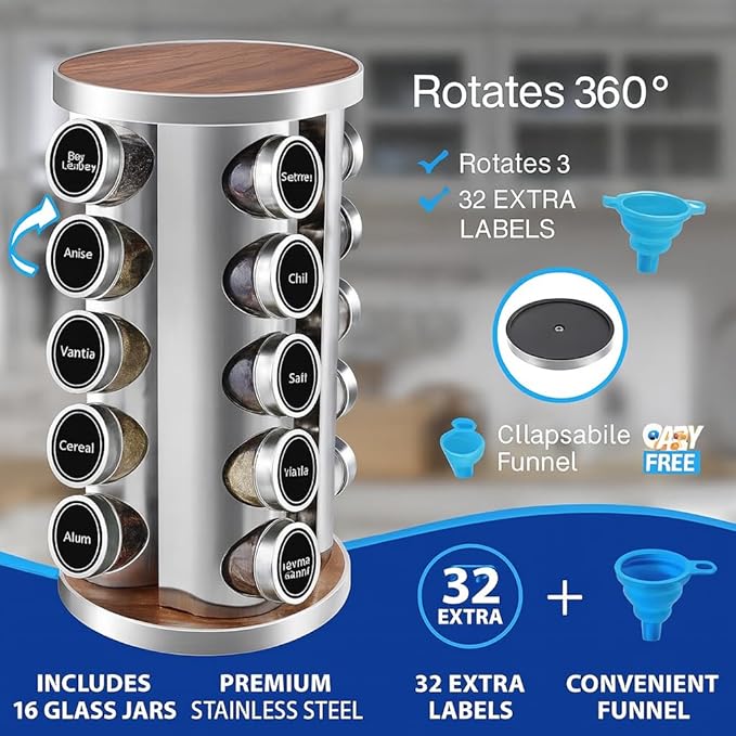 360° Rotating Spice Rack with 16 Glass Jars – Stainless Steel Countertop Seasoning Organizer with Airtight Lids, Labels, Funnel & Gift Box – Kitchen Storage for Herbs & Spices