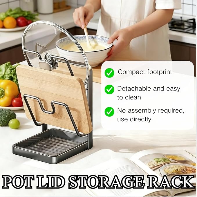 Kitchen Pot Lid Storage Rack, Pot Lid Holder With Tray,Multifunctional Storage Rack With Detachable Drip Tray For Easy Storage, Cloth Rack, Spoon Rack, Space Saving.