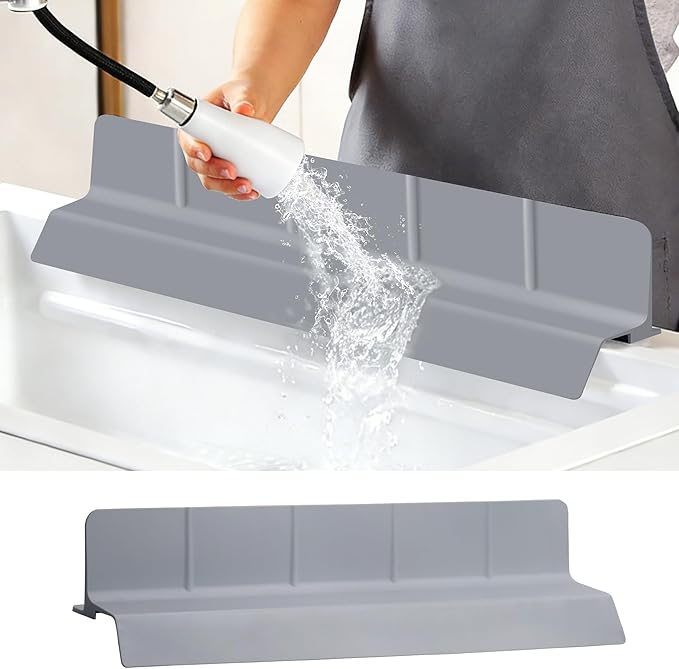 23Inch Sink Splash Guard – Extended Length & Tall Silicone Kitchen Sink Splash Guard with Overhang Drainage Design & Strong Suction Cups for Countertop (Dark Grey, 23''x3.5'')