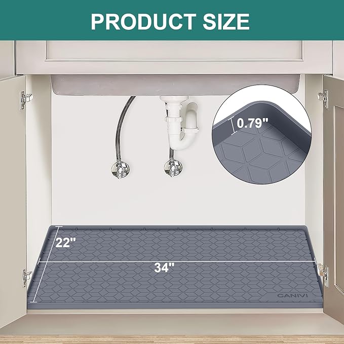 Under Sink Mat, 34" x 22" Waterproof Silicone Under Sink Tray for Kitchen & Laundry Cabinets, Kitchen Cabinet Shelf Protector