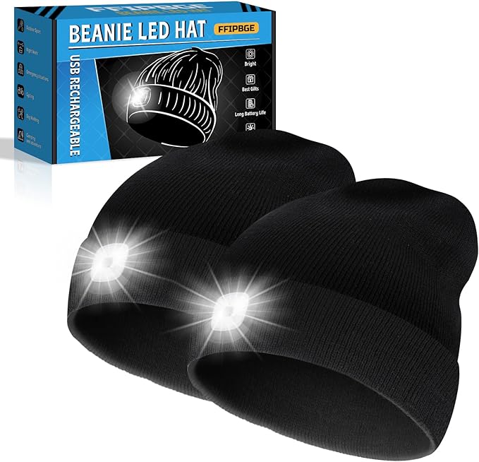 Beanie Hats with Light, USB Rechargeable LED Hand Free Headlamp, Ideal for Camping, Hiking, Fathers Day Dad Gifts, Birthday Gifts for Husband, Dad, Men, 2 Pack, Black