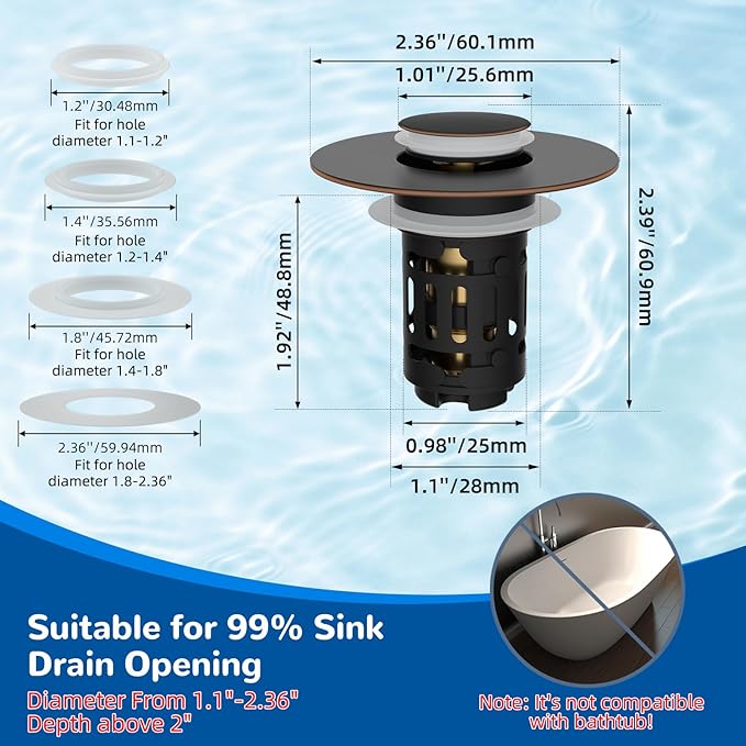 Hibbent 2 Pack 3 in 1 Bathroom Sink Drain Strainer, Pop Up Stopper with Removable Stainless Steel Filter Basket Hair Catcher, Sink Plug for 1.1''~2.36'' Basin, Brass Bullet Core, Oil Rubbed Bronze