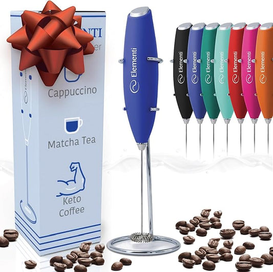 Elementi Electric Milk Frother Handheld - Mini Whisk for Coffee, Matcha and Drinks - Portable Frother & Mixer with Stand (Royal Blue)