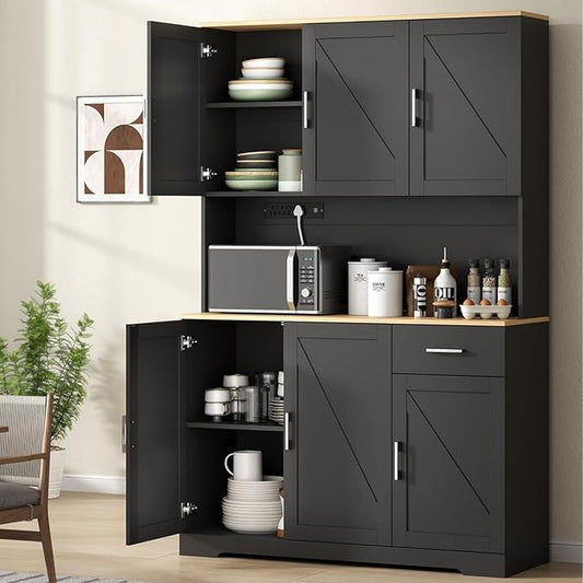 71" Pantry Cabinet, Kitchen Pantry Storage Cabine with Power Outlet, Black