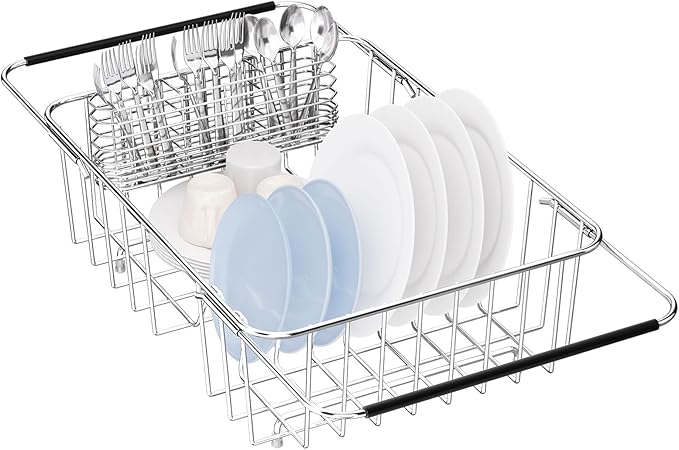 Large Dish Drying Rack in Sink Expandable, Adjustable 304 Stainless Steel Metal Dish Drainer Rack Organizer with Stainless Steel Utensil Holder Over Inside Sink Counter, Rustproof