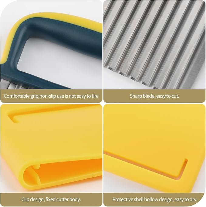 Crinkle Cutter, Stainless Steel Wave Cutter with Protective Case and Handle, Cutting Tool for Veggies, Carrot Slicer, French Fry Cutter, Onion Chopping Knife (Yellow)