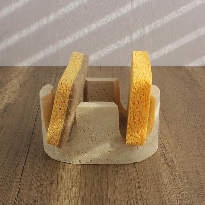 Nawgnail Natural Travertine Marble 2-Slot Sponge Holder for Kitchen Counter, 2-in-1 Stone Drying Rack, Sponge Caddy for Sink Organizer - Beige Travertine