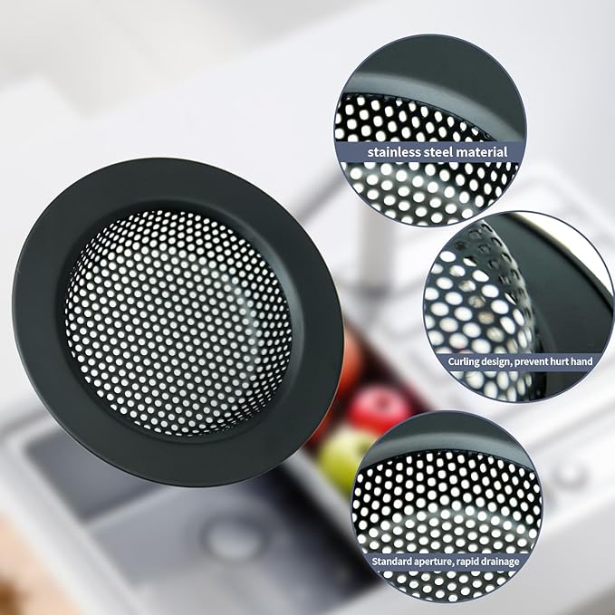 RQYEKDO Kitchen Sink Strainers Sink Stopper Kits, Stainless Steel Sink Drain Strainer Set, Large Wide Rim 4.5" Diameter Food Catcher Garbage Disposal Plug for Most Sink Drains Basket Filter(Black)