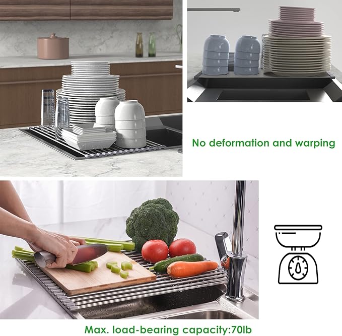 Tomorotec Roll Up Dish Drying Rack Over the Sink Grey Large Dish Drying Rack Rolling Foldable Collapsible SUS304 Stainless Steel Multipurpose Dish Drainer for Kitchen Counter (21”x15.7”)